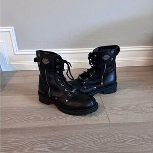 Harley Davidson Black Leather Moto Combat Boots Mens 8 Side Zip